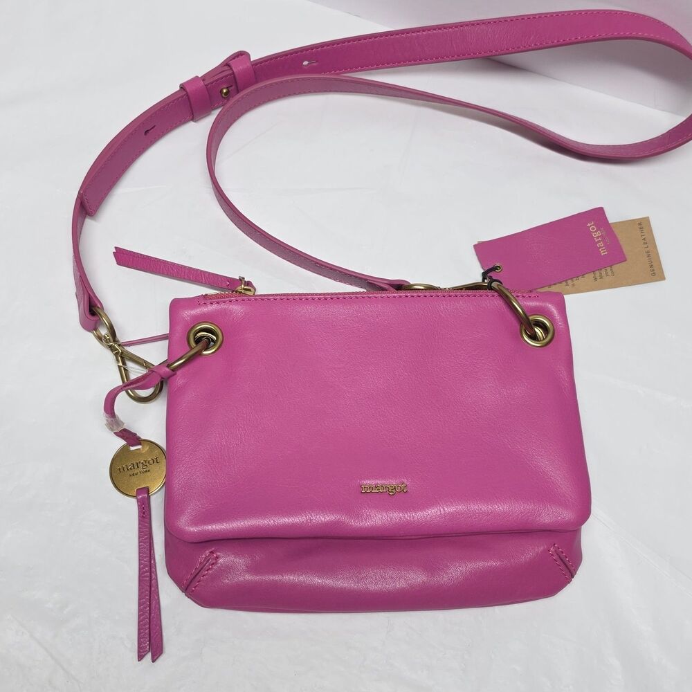 NWT Margot New York Kiera Double Zip Crossbody in Hot Pink Leather Fuchsia